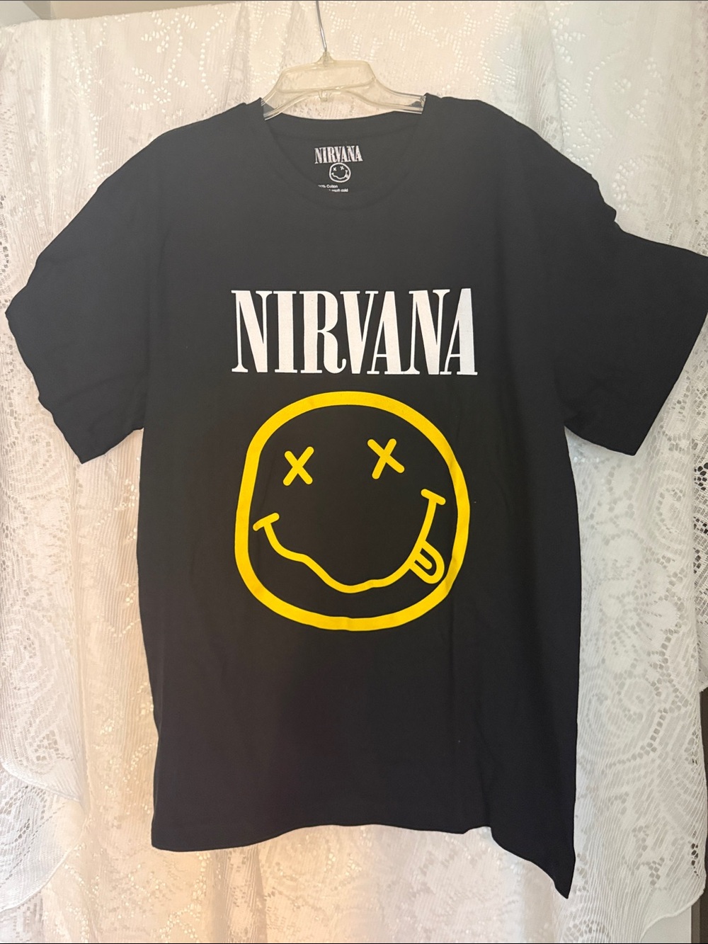 NIRVANA Black Tee with Yellow Smiley Graphic